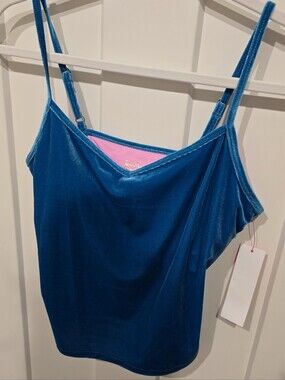 Lily Pulizer Blue Velvet Spaghetti Strap Tank with Pink Lining